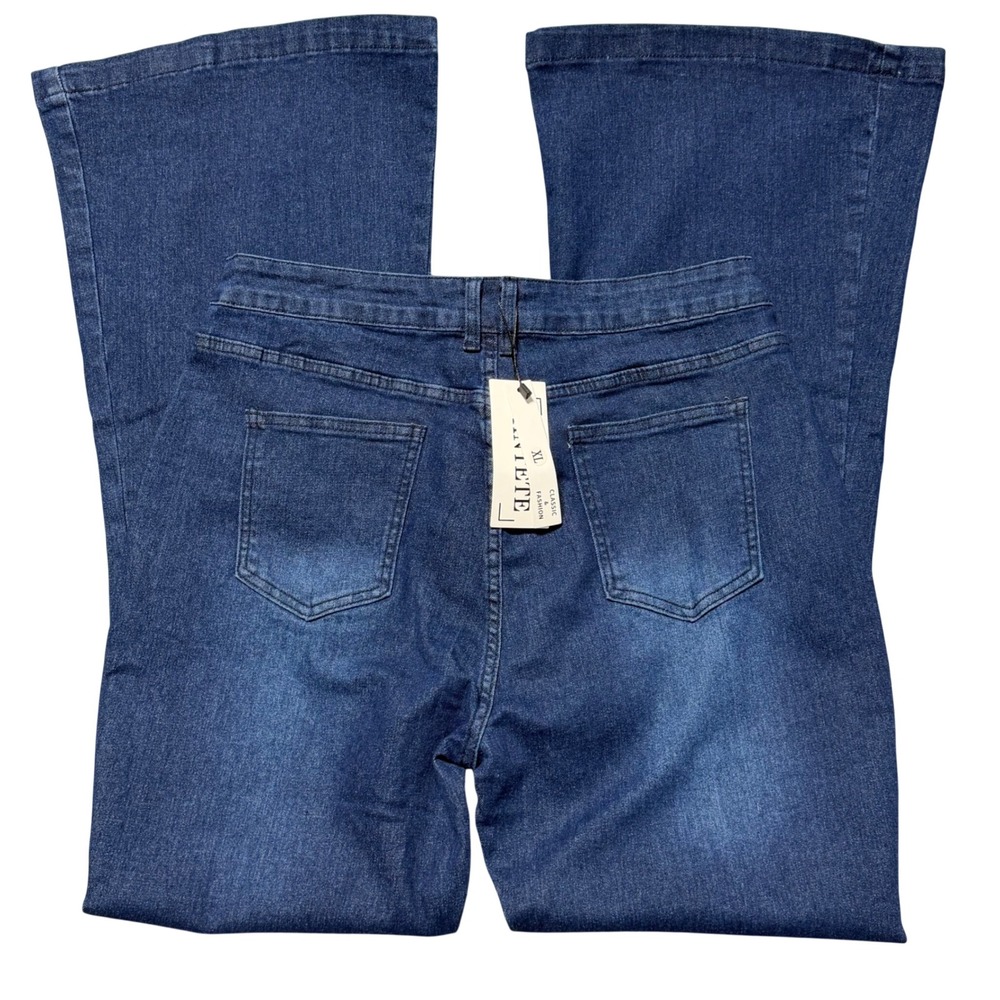 Pantete Women Dark Wash High Waisted Flare Jeans Wide Leg Double Button XL